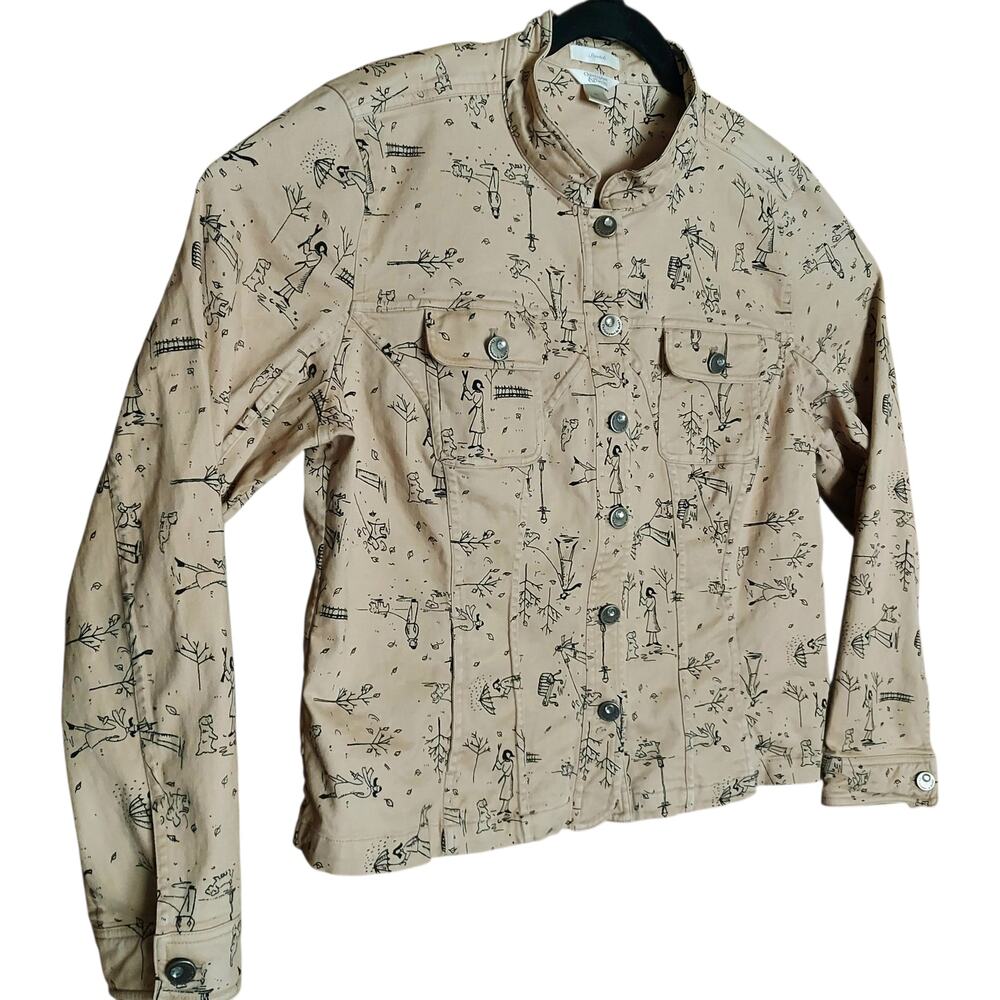 Christopher & Banks Womens Tan Stretch Jacket Dog People City Park Graphic Sz XL - Picture 5 of 6